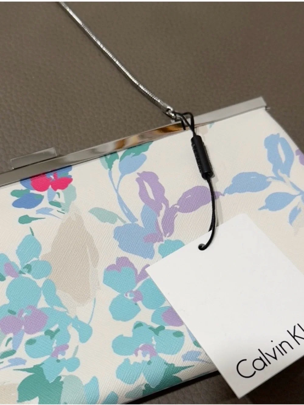 Calvin Klein White Floral Print Chain Strap Clutch